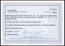 Dt. Reich 19 BrfStk, 1872, 1 Gr. Rotkarmin, Hannover K2 DORNUM, Kabinettbriefstück, Fotobefund Brugger - Usati
