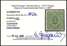 Dt. Reich 39Ib **, 1880, 3 Pf. Gelblichgrün Frühauflage, Postfrisch, Pracht, Fotobefund Wiegand, Mi. 300.- - Otros & Sin Clasificación