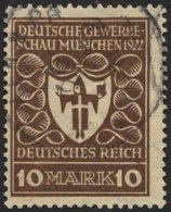 Dt. Reich 203b O, 1922, 10 M. Lilabraun Gewerbeschau, üblich Gezähnt Pracht, Gepr. Peschl, Mi. 120.- - Usati