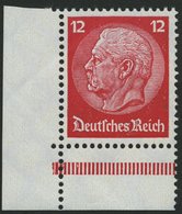 Dt. Reich 487 **, 1933, 12 Pf. Hindenburg, Wz. 2, Untere Linke Bogenecke Aus MHB, Durchgezähnt, Pracht - Sonstige & Ohne Zuordnung