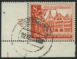 Dt. Reich 734 O, 1939, 8 Pf. Römer, Untere Linke Bogenecke Mit Platten-Nummer 1, Pracht - Other & Unclassified