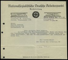 Dt. Reich 1933, Schreiben Mit Eingedrucktem Absender Adolf Hitler, Kanzlei: München Braunes Haus, Unterzeichnet Martin B - Otros & Sin Clasificación