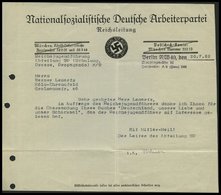 Dt. Reich 1933, Schreiben Mit Eingedrucktem Absender Adolf Hitler, Kanzlei: München Braunes Haus, Unterzeichnet Martin B - Other & Unclassified