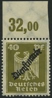 DIENSTMARKEN D 110POR **, 1924, 40 Pf. Braunoliv, Plattendruck, Oberrandstück, Normale Zähnung, Pracht, Mi. 60.- - Service
