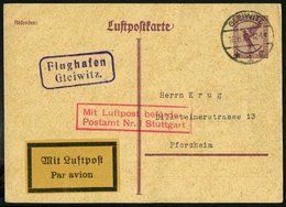 FLUGPLATZ, FLUGHAFENSTPL 27-01b BRIEF, Flughagen Gleiwitz, Violetter R2 Auf 15 Pf. Ganzsachenkarte Nach Pforzheim, Prach - Airplanes