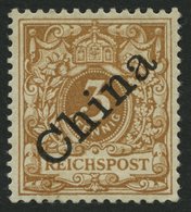 DP CHINA 1Id *, 1898, 3 Pf. Hellocker Diagonaler Aufdruck, Falzrest, Pracht, R!, Fotoattest Jäschke-L., Mi. 800.- - China (oficinas)
