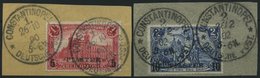DP TÜRKEI 20/1I BrfStk, 1900, 5 PIA. Auf 1 M. Und 10 PIA. Auf 2 M., Type I, 2 Prachtbriefstücke, Gepr. Bothe, Mi. (105.- - Turchia (uffici)