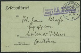 MSP VON 1914 - 1918 203 (Minenschiff PELIKAN), 13.9.1916, Feldpost-Kartenbrief Von Bord Der Pelikan Nach Colmar Mit Viol - Schiffahrt