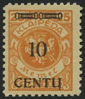 MEMELGEBIET 169BI **, 1923, 10 C. Auf 25 M. Lebhaftrötlichorange, Type BI, Postfrisch, Pracht, Gepr. Dr. Klein - Klaipeda 1923