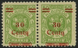 MEMELGEBIET 226I,II **, 1923, 30 C. Auf 50 M. Gelbgrün, Type I Und II Zusammen Im Waagerechten Paar, Postfrisch Pracht - Memelgebiet 1923