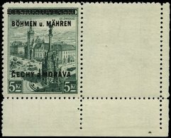 BÖHMEN UND MÄHREN 18LW **, 1939, 5 Kc. Olmütz Mit Waagerechtem Leerfeld, Bogenecke, Pracht, Gepr. Gilbert, Mi. (50.-) - Other & Unclassified