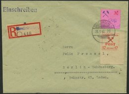 GROSSRÄSCHEN 30F BRIEF, 1946, 30 Pf. Auf Rosa Mit Abart Handstempel Post Blau Und 12 Pf. Zusatzfrankatur Auf Einschreibb - Postes Privées & Locales