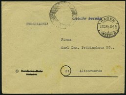 ALL. BES. GEBÜHR BEZAHLT HAGEN (WESTF), 27.12.45, Violetter L1 Gebühr Bezahlt Auf Drucksache, Feinst - Other & Unclassified