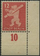 BERLIN UND BRANDENBURG 5AAwax **, 1945, 12 Pf. Mittelkarminrot, Graurosa Papier, Glatter Gummi, Untere Rechte Bogenecke, - Autres & Non Classés