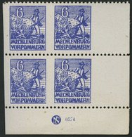 MECKLENBURG-VORPOMMERN 33xbUsDZ VB **, 1946, 6 Pf. Violettblau, Kreidepapier, Senkrecht Ungezähnt, Im Eckrandviererblock - Otros & Sin Clasificación