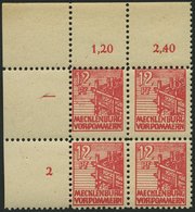 MECKLENBURG-VORPOMMERN 36zb VB **, 1946, 12 Pf. Rot, Dünnes Papier, Im Oberen Linken Eckrandviererblock, Dabei Plattenfe - Otros & Sin Clasificación