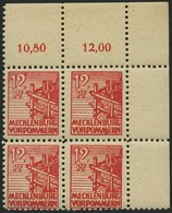 MECKLENBURG-VORPOMMERN 36zb VB **, 1946, 12 Pf. Rot, Dünnes Papier, Im Oberen Rechten Eckrandviererblock, Pracht, Gepr. - Otros & Sin Clasificación