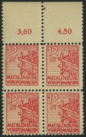 MECKLENBURG-VORPOMMERN 36zb VB **, 1946, 12 Pf. Rot, Dünnes Papier, Im Viererblock Vom Oberrand, Pracht, Gepr. Kramp, Mi - Other & Unclassified