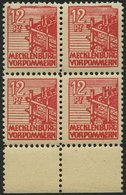 MECKLENBURG-VORPOMMERN 36zz VB **, 1946, 12 Pf. Rot, Dünnes Papier, Diagonal Genetzte Gummierung, Im Viererblock Vom Unt - Otros & Sin Clasificación