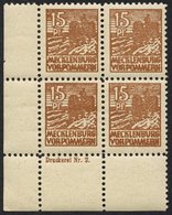 MECKLENBURG-VORPOMMERN 37zaDZ **, 1946, 15 Pf. Gelbbraun, Dünnes Papier, Im Eckrandviererblock Mit Druckereizeichen, Pra - Otros & Sin Clasificación