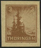 THÜRINGEN 92AYz2U **, 1946, 3 Pf. Orangebraun, Spargummierung, Dickes Papier, Fallende Papierstreifung, Ungezähnt, Prach - Sonstige & Ohne Zuordnung