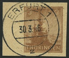 THÜRINGEN 92AYz2U O, 1946, 3 Pf. Orangebraun, Spargummierung, Dickes Papier, Fallende Papierstreifung, Ungezähnt, Linkes - Sonstige & Ohne Zuordnung