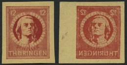 THÜRINGEN 97AXaqU **, 1945, 12 Pf. Karminrot, Vollgummierung, Graues Kartonpapier, Ungezähnt Und Deutlicher Abklatsch, P - Autres & Non Classés