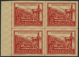 THÜRINGEN 113by VB **, 1946, 12 Pf. Rot Wiederaufbau Im Randviererblock, Pracht, Signiert Ströh, Mi. (240.-) - Other & Unclassified