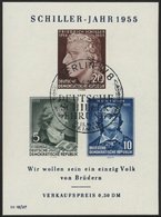 DDR Bl. 12IV O, 1955, Block Schiller Mit Abart Vorgezogener Fußstrich Bei J, Sonderstempel, Pracht, Mi. 80.- - Usati