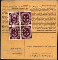 BUNDESREPUBLIK 131 VB BRIEF, 1951, 25 Pf. Posthorn Im Viererblock Rückseitig Mit Zusatzfrankatur Auf Paketkarte Aus Schi - Otros & Sin Clasificación