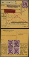 BUNDESREPUBLIK 133 VB BRIEF, 1954, 40 Pf. Posthorn Im Viererblock (leichte Zahnebenheiten) Rückseitig Auf Eil-Paketkarte - Autres & Non Classés