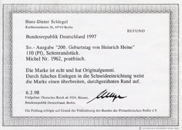 BUNDESREPUBLIK 1962L **, 1997, 10 Pf. Heinrich Heine Mit Rechts Anhängendem Leerfeld, Pracht, Fotoattestkopie Schlegel, - Otros & Sin Clasificación