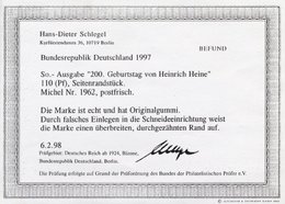 BUNDESREPUBLIK 1962L **, 1997, 10 Pf. Heinrich Heine Mit Rechts Anhängendem Leerfeld, Pracht, Fotoattestkopie Schlegel, - Other & Unclassified