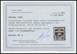 FÄRÖER 2 O, 1941, 20 Ø Auf 1 Ø Grünlichschwarz Mit Abart Kürzerer Mittlerer Balken, Pracht, Gepr. Dr. Debo, Fotobefund O - Other & Unclassified