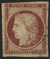 FRANKREICH 7a O, 1849, 1 Fr. Karmin, Zarter Stempel, Pracht, Fotoattest Dr. Goebel, Mi. 1000.- - Sonstige & Ohne Zuordnung