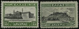 GRIECHENLAND 316/7I *, 1927, 15 Dr. Gelbgrün/schwarz Und 25 Dr. Grün/schwarz, Type I, 2 Prachtwerte - Autres & Non Classés
