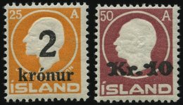 ISLAND 119/20 *, 1925/6, 2 Kr. Auf 25 A. Orange Und 10 Kr. Auf 50 A. Lilarot, Fast Postfrisch, Pracht - Other & Unclassified