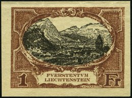 LIECHTENSTEIN 60P1 (*), 1921, 1 Fr., Ungezähnte Farbprobe In Braun, Ohne Gummi, Pracht, Fotoattest Marxer (Kopie Eines E - Altri & Non Classificati