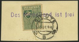 LITAUEN 409 BrfStk, 1939, 5 C. Grün Mit Stempel SILUTE Und Violettem L1 Das Memelland Ist Frei, Prachtbriefstück - Lituania