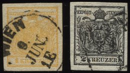 ÖSTERREICH 1,2X O, 1850, 1 Kr. Gelb Und 2 Kr. Schwarz, Handpapier, 2 Prachtwerte, Mi. 210.- - Used Stamps