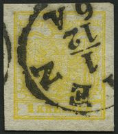 ÖSTERREICH 1Xa O, 1850, 1 Kr. Gelb, Handpapier, Type Ia, K1 WIEN, Riesenrandig, Pracht Gepr. Diena - Oblitérés