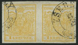 ÖSTERREICH 1Xb Paar O, 1850, 1 Kr. Gelbocker, Handpapier, Im Waagerechten Paar, Ungarischer Stempel ZSEBELY, Pracht - Used Stamps