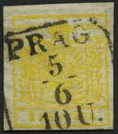 ÖSTERREICH 1Xd O, 1850, 1 Kr. Kadmiumgelb, Handpapier, Type III, R4 PRAG, Pracht - Used Stamps