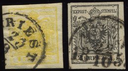 ÖSTERREICH 1,2Ya O, 1854, 1 Kr. Gelb Und 2 Kr. Schwarz, Maschinenpapier, 2 Prachtwerte, Mi. 200.- - Oblitérés