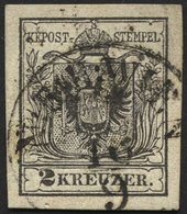 ÖSTERREICH 2Ya O, 1854, 2 Kr. Schwarz, Maschinenpapier, Breitrandig, Pracht, Mi. 80.- - Usados