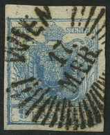 ÖSTERREICH 5X O, 1850, 9 Kr. Blau, Handpapier, Type IIa, Sternstempel WIEN, Kabinett - Usados