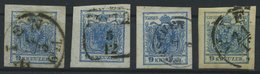 ÖSTERREICH 5X,Y O, 1850/4, 9 Kr. Blau, 4 Allseits Riesenrandige Prachtwerte - Usati