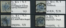 ÖSTERREICH 5Xc O, 1850, 9 Kr. Blau, Handpapier, Type IIIb, Platte 7, 4 Werte Mit Verschiedenen Besonderheiten: Plattenfe - Used Stamps