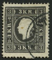 ÖSTERREICH 11II O, 1859, 3 Kr. Schwarz, Type II, Unten Drei Ausgelassene Zähnungslöcher, Pracht - Usados