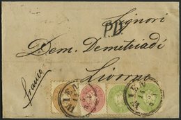 ÖSTERREICH 31/2,34 BRIEF, 1864, 3 Kr. Grün (2x), 5 Kr. Rosa Und 15 Kr. Braun Auf Brief Mit K2 WIEN Nach Livorno/Italien, - Used Stamps